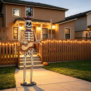 English Elm Halloween Skeleton Guitarist Metal Yard Statue with Purple Hat Festive Lawn Decor N769P511208G