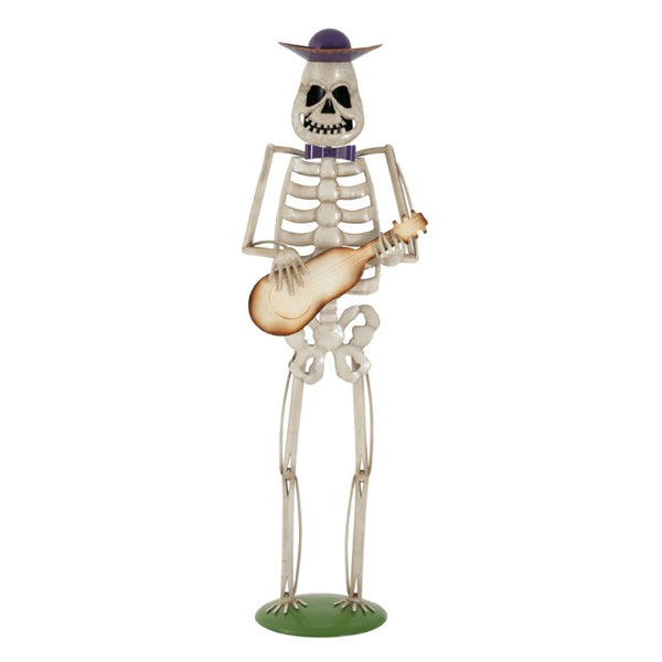 English Elm Halloween Skeleton Guitarist Metal Yard Statue with Purple Hat Festive Lawn Decor N769P511208G