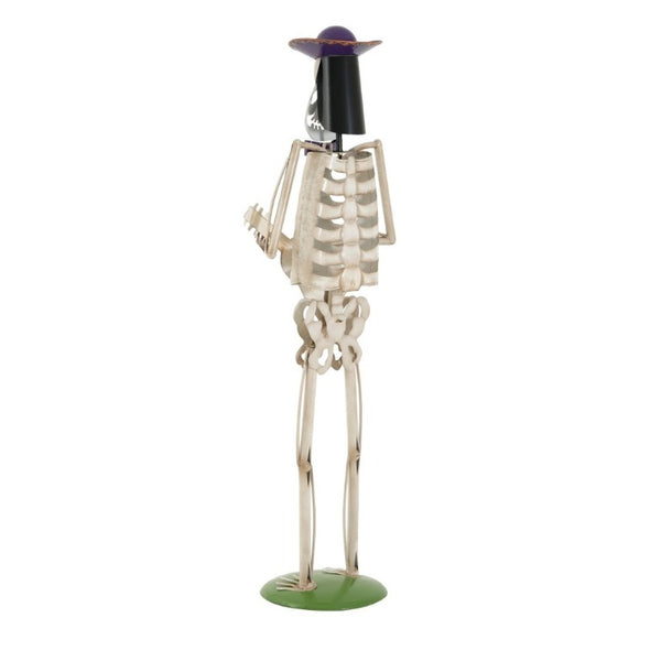 English Elm Halloween Skeleton Guitarist Metal Yard Statue with Purple Hat Festive Lawn Decor N769P511208G