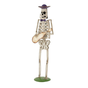 English Elm Halloween Skeleton Guitarist Metal Yard Statue with Purple Hat Festive Lawn Decor N769P511208G