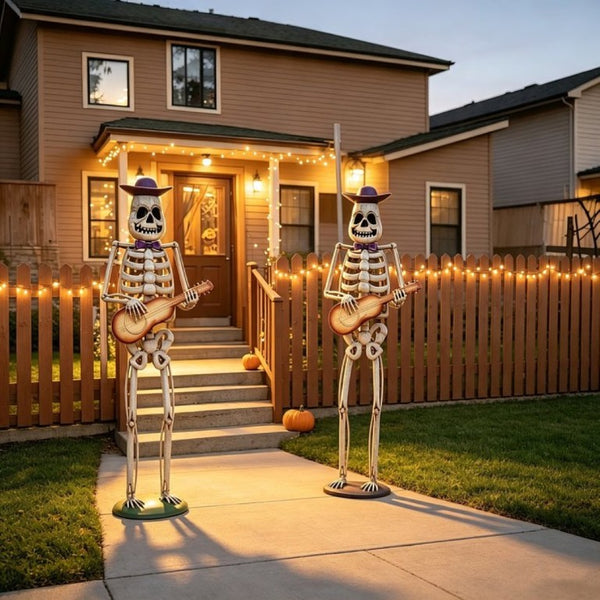 English Elm Halloween Skeleton Guitarist Metal Yard Statue with Purple Hat Festive Lawn Decor N769P511208G
