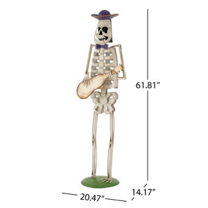 English Elm Halloween Skeleton Guitarist Metal Yard Statue with Purple Hat Festive Lawn Decor N769P511208G