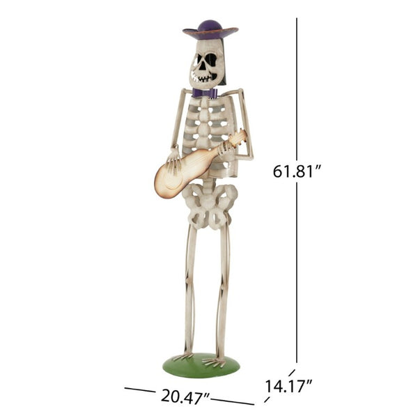 English Elm Halloween Skeleton Guitarist Metal Yard Statue with Purple Hat Festive Lawn Decor N769P511208G