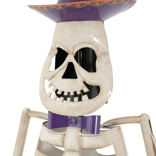 English Elm Halloween Skeleton Guitarist Metal Yard Statue with Purple Hat Festive Lawn Decor N769P511208G