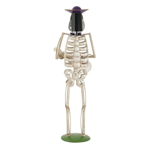 English Elm Halloween Skeleton Guitarist Metal Yard Statue with Purple Hat Festive Lawn Decor N769P511208G