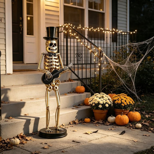 English Elm Metal Skeleton Guitar Player Statue Life Size Gothic Gold Finish Halloween Decor N769P511217G