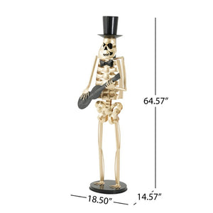 English Elm Metal Skeleton Guitar Player Statue Life Size Gothic Gold Finish Halloween Decor N769P511217G