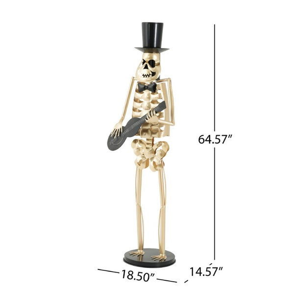 English Elm Metal Skeleton Guitar Player Statue Life Size Gothic Gold Finish Halloween Decor N769P511217G