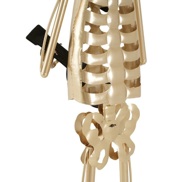 English Elm Metal Skeleton Guitar Player Statue Life Size Gothic Gold Finish Halloween Decor N769P511217G