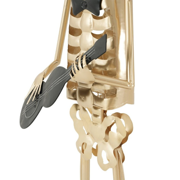 English Elm Metal Skeleton Guitar Player Statue Life Size Gothic Gold Finish Halloween Decor N769P511217G