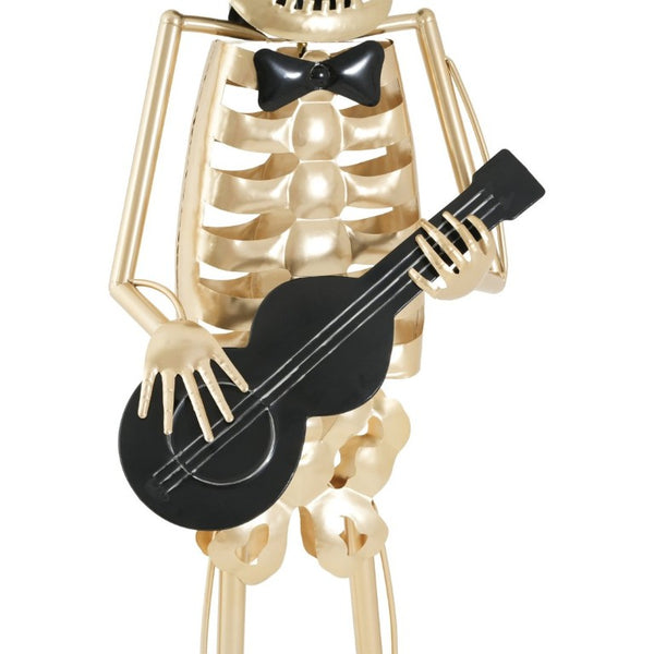 English Elm Metal Skeleton Guitar Player Statue Life Size Gothic Gold Finish Halloween Decor N769P511217G