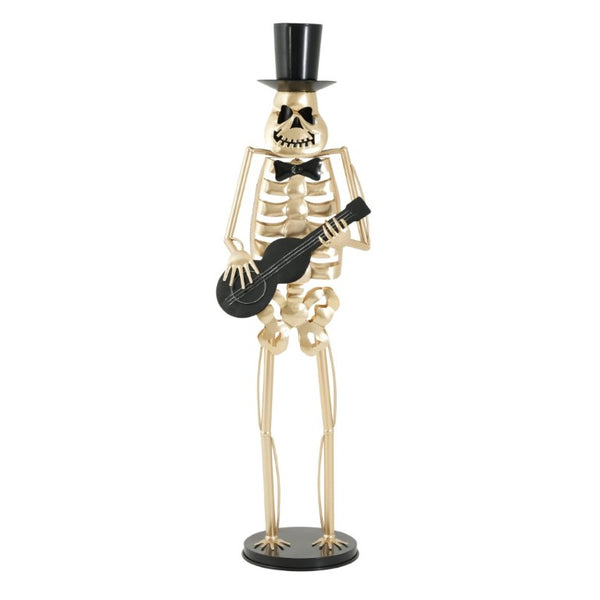 English Elm Metal Skeleton Guitar Player Statue Life Size Gothic Gold Finish Halloween Decor N769P511217G