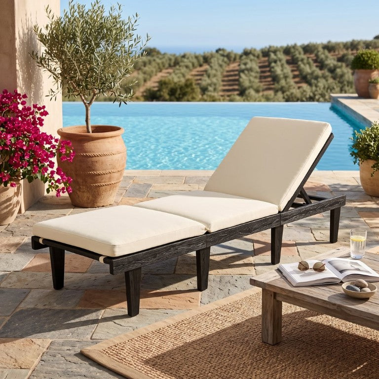 English Elm Ariana Outdoor Acacia Wood Chaise Lounge with Cushion Matte Black Patio Lounger N769P530265B