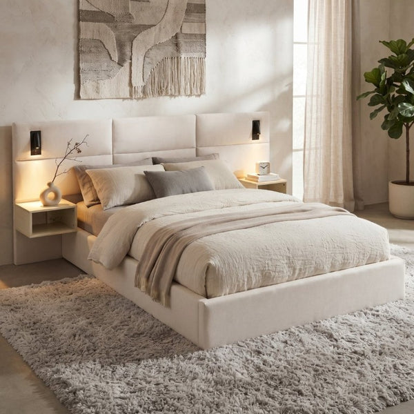 English Elm Soft, Upholstered Queen Bed with Built-In Reading Lamp and Side Shelves for Modern Rooms N769Q343382W