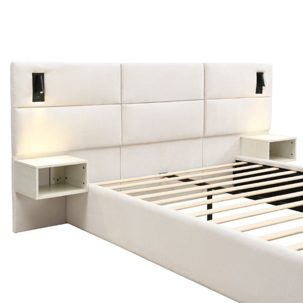 English Elm Soft, Upholstered Queen Bed with Built-In Reading Lamp and Side Shelves for Modern Rooms N769Q343382W