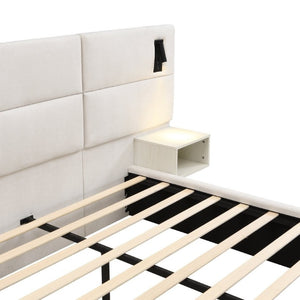 English Elm Soft, Upholstered Queen Bed with Built-In Reading Lamp and Side Shelves for Modern Rooms N769Q343382W