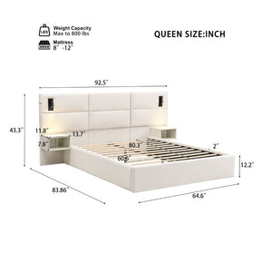 English Elm Soft, Upholstered Queen Bed with Built-In Reading Lamp and Side Shelves for Modern Rooms N769Q343382W