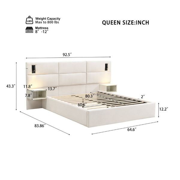 English Elm Soft, Upholstered Queen Bed with Built-In Reading Lamp and Side Shelves for Modern Rooms N769Q343382W
