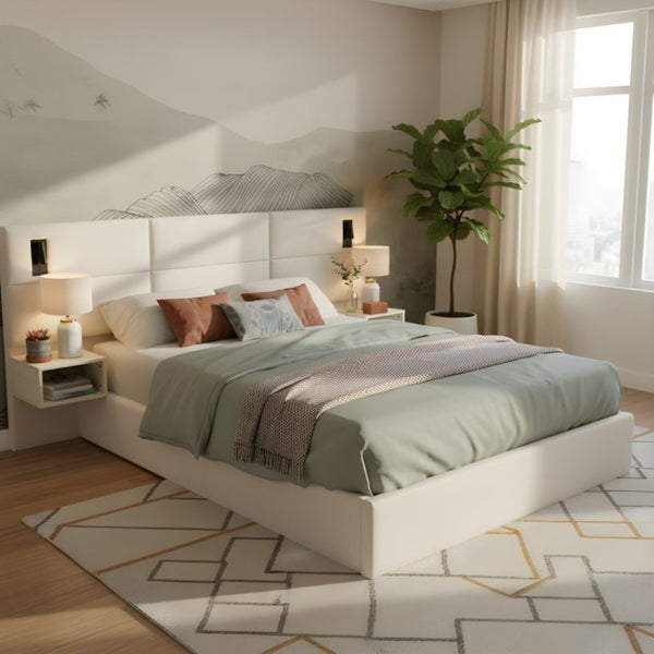 English Elm Soft, Upholstered Queen Bed with Built-In Reading Lamp and Side Shelves for Modern Rooms N769Q343382W