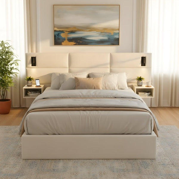 English Elm Soft, Upholstered Queen Bed with Built-In Reading Lamp and Side Shelves for Modern Rooms N769Q343382W
