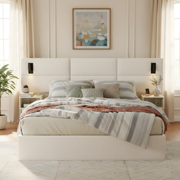 English Elm Soft, Upholstered Queen Bed with Built-In Reading Lamp and Side Shelves for Modern Rooms N769Q343382W