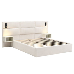 English Elm Soft, Upholstered Queen Bed with Built-In Reading Lamp and Side Shelves for Modern Rooms N769Q343382W