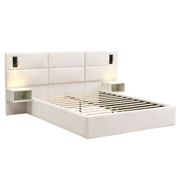 English Elm Soft, Upholstered Queen Bed with Built-In Reading Lamp and Side Shelves for Modern Rooms N769Q343382W