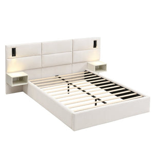 English Elm Soft, Upholstered Queen Bed with Built-In Reading Lamp and Side Shelves for Modern Rooms N769Q343382W