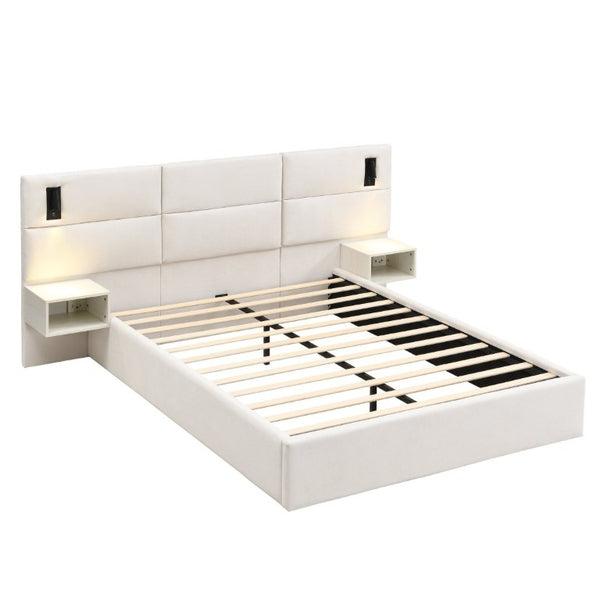 English Elm Soft, Upholstered Queen Bed with Built-In Reading Lamp and Side Shelves for Modern Rooms N769Q343382W