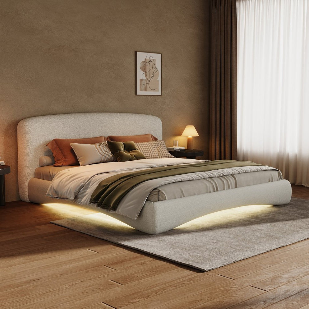 English Elm Curved Boucle Queen Bed with Smart Led Ambient Strip Sculptural Upholstered Frame N769Q386585C