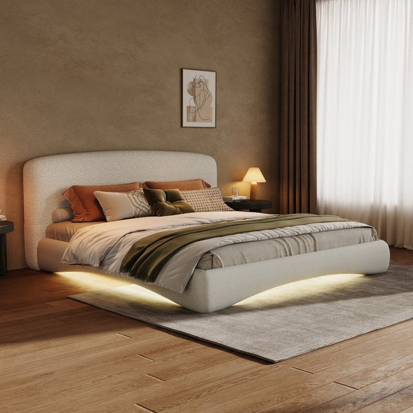 English Elm Curved Boucle Queen Bed with Smart Led Ambient Strip Sculptural Upholstered Frame N769Q386585C