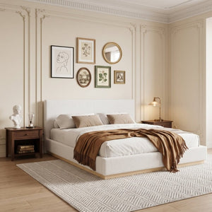 English Elm Elegant Queen Bed Antique Cloth Upholstered Headboard with Natural Solid Wood Base Frame N769Q389555W