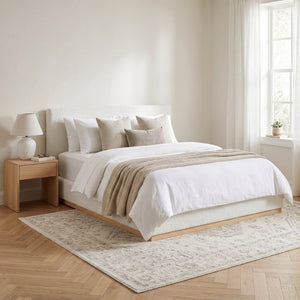 English Elm Elegant Queen Bed Antique Cloth Upholstered Headboard with Natural Solid Wood Base Frame N769Q389555W