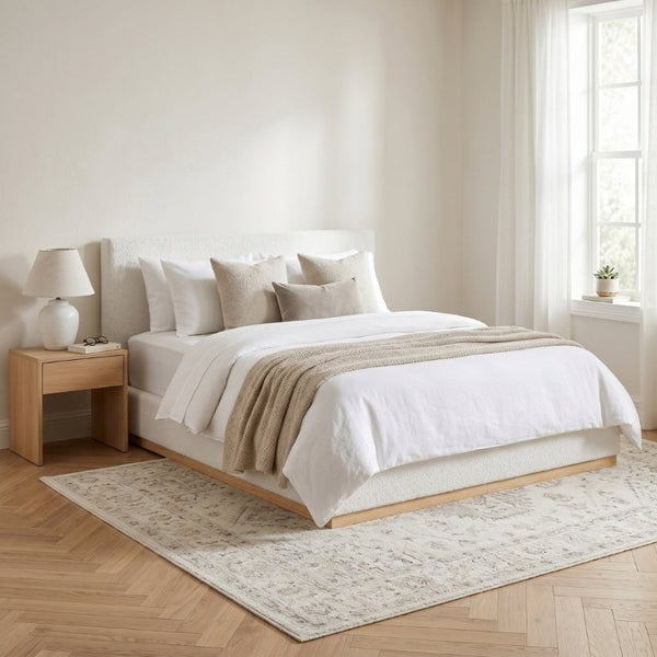 English Elm Elegant Queen Bed Antique Cloth Upholstered Headboard with Natural Solid Wood Base Frame N769Q389555W