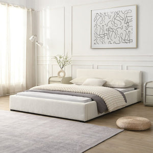 English Elm Elegant Queen Upholstered Bed Wide Headboard Beige Fabric Modern Scandinavian Frame N769Q396557A