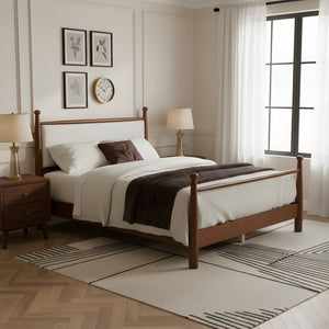 English Elm Solid Poplar Queen Bed Frame Upholstered Headboard Modern Farmhouse Slat Support N769Q410617D