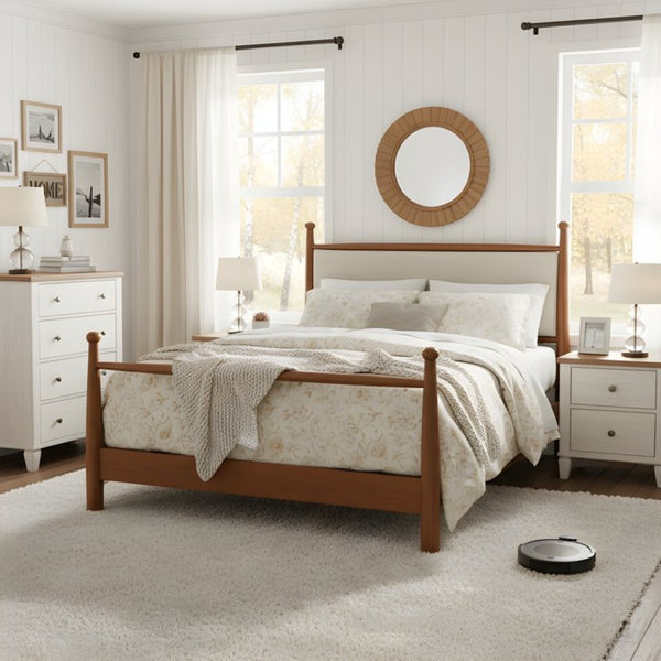 English Elm Solid Poplar Queen Bed Frame Upholstered Headboard Modern Farmhouse Slat Support N769Q410617D