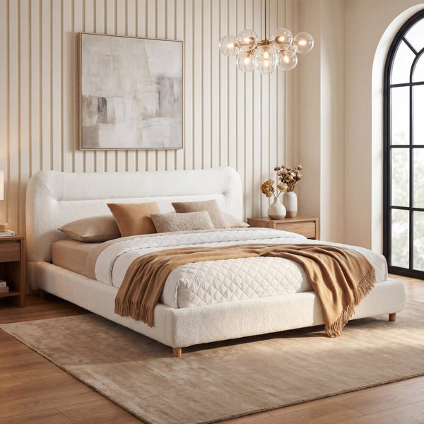 English Elm Minimalist Curved Queen Platform Bed Teddy Fleece Upholstered Sculpted Arch Headboard N769Q411312C