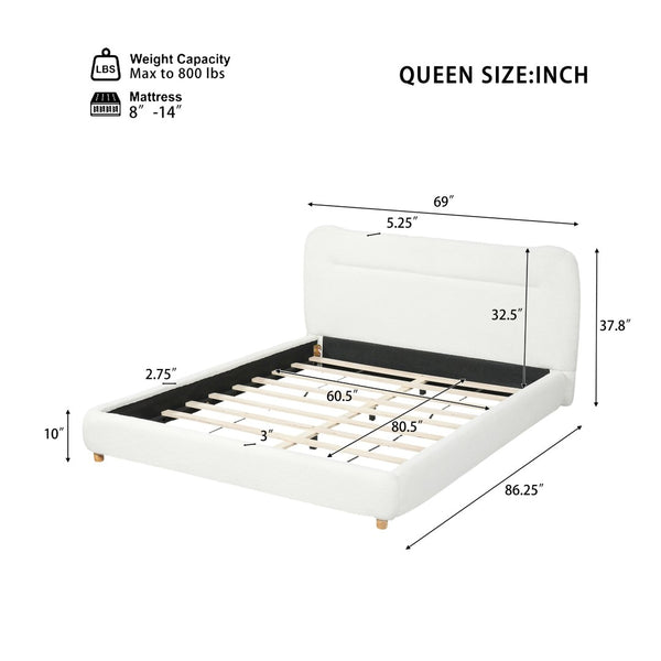 English Elm Minimalist Curved Queen Platform Bed Teddy Fleece Upholstered Sculpted Arch Headboard N769Q411312C