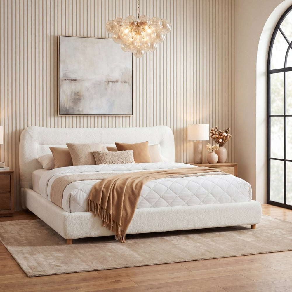 English Elm Minimalist Curved Queen Platform Bed Teddy Fleece Upholstered Sculpted Arch Headboard N769Q411312C