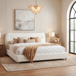English Elm Minimalist Curved Queen Platform Bed Teddy Fleece Upholstered Sculpted Arch Headboard N769Q411312C