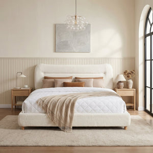 English Elm Minimalist Curved Queen Platform Bed Teddy Fleece Upholstered Sculpted Arch Headboard N769Q411312C