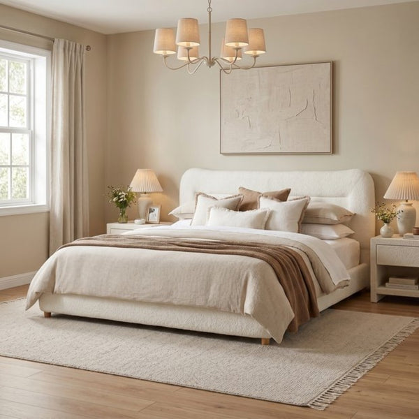 English Elm Minimalist Curved Queen Platform Bed Teddy Fleece Upholstered Sculpted Arch Headboard N769Q411312C