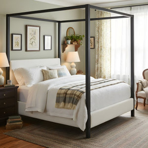 English Elm Modern Four Poster Canopy Bed Iron Frame Bouclé Headboard Architectural Bedroom Anchor N769Q439680A