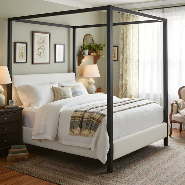 English Elm Modern Four Poster Canopy Bed Iron Frame Bouclé Headboard Architectural Bedroom Anchor N769Q439680A