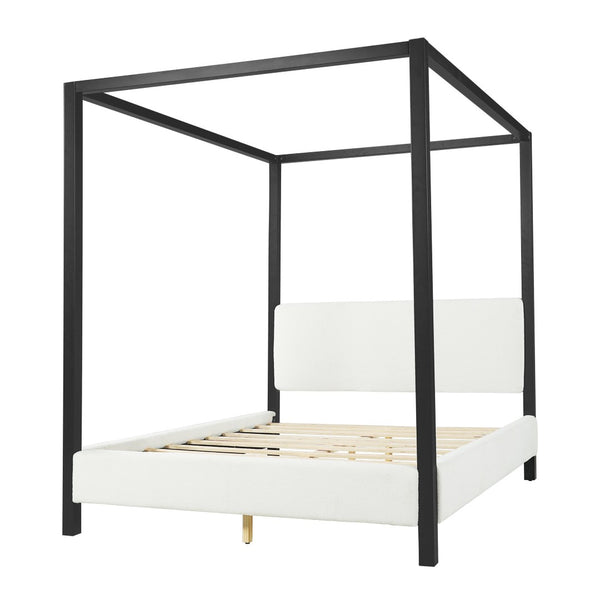 English Elm Modern Four Poster Canopy Bed Iron Frame Bouclé Headboard Architectural Bedroom Anchor N769Q439680A