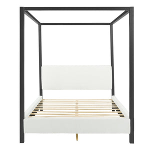 English Elm Modern Four Poster Canopy Bed Iron Frame Bouclé Headboard Architectural Bedroom Anchor N769Q439680A