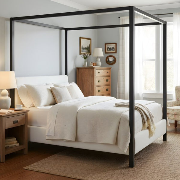 English Elm Modern Four Poster Canopy Bed Iron Frame Bouclé Headboard Architectural Bedroom Anchor N769Q439680A