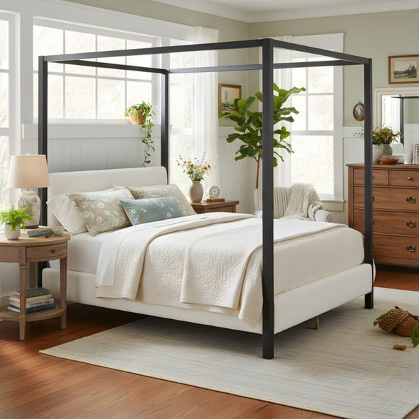 English Elm Modern Four Poster Canopy Bed Iron Frame Bouclé Headboard Architectural Bedroom Anchor N769Q439680A
