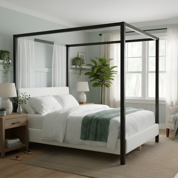 English Elm Modern Four Poster Canopy Bed Iron Frame Bouclé Headboard Architectural Bedroom Anchor N769Q439680A